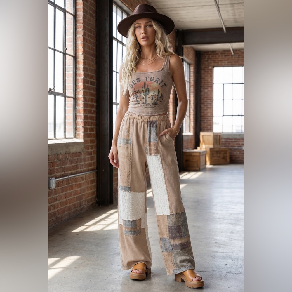NWT J. Her Patchwork Cable Knit Bandana Boho Print Mixed Media Wide Leg Pants - Picture 4 of 13